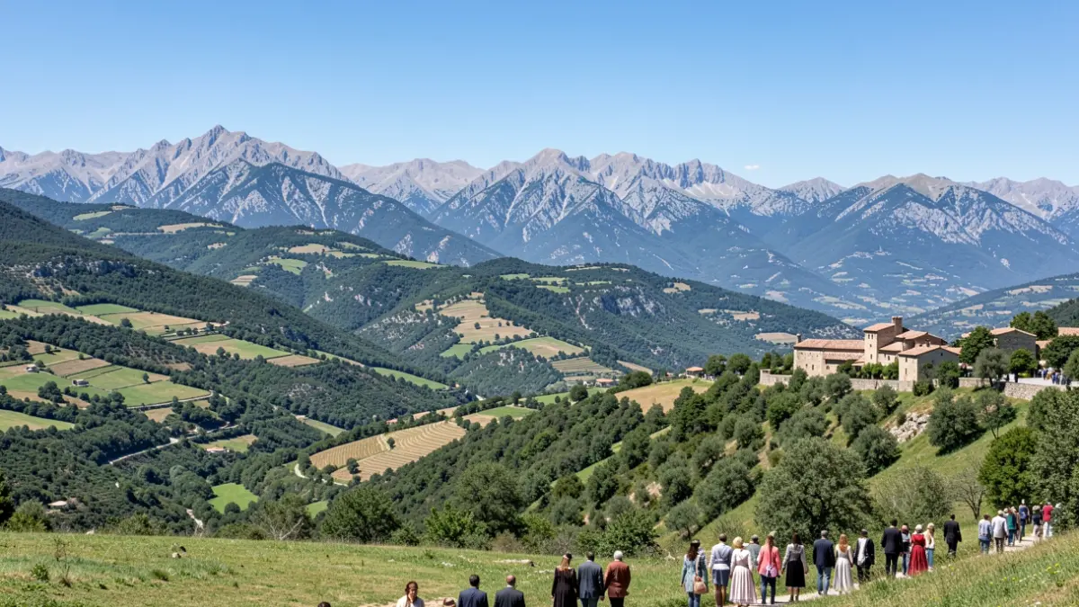 Image générique des Pyrénées catalanes, paysage montagneux verdoyant sous un ciel bleu clair.