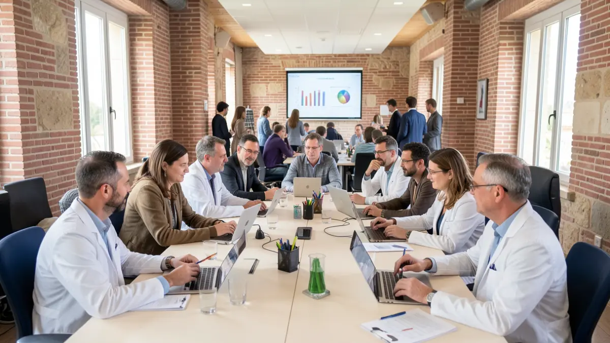 Groupe diversifié de chercheurs et scientifiques discutant autour d'une table dans une salle de conférence moderne, reflétant l'architecture de l'Occitanie.