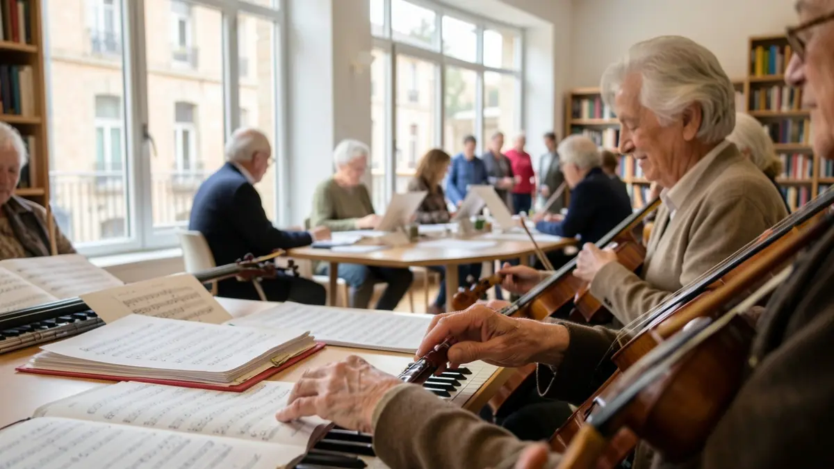 Image générique de seniors participant à un atelier de musique dans une médiathèque.
