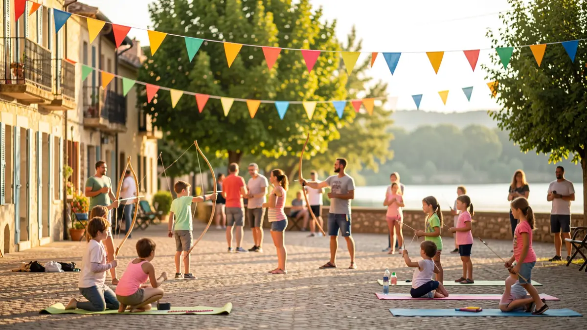 Image générique de familles participant à des activités de plein air dans un cadre festif, avec des bannières colorées et un lac en arrière-plan.