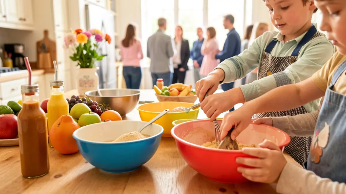 Image générique de mains d'enfants préparant des sauces et une salade de fruits dans une cuisine.