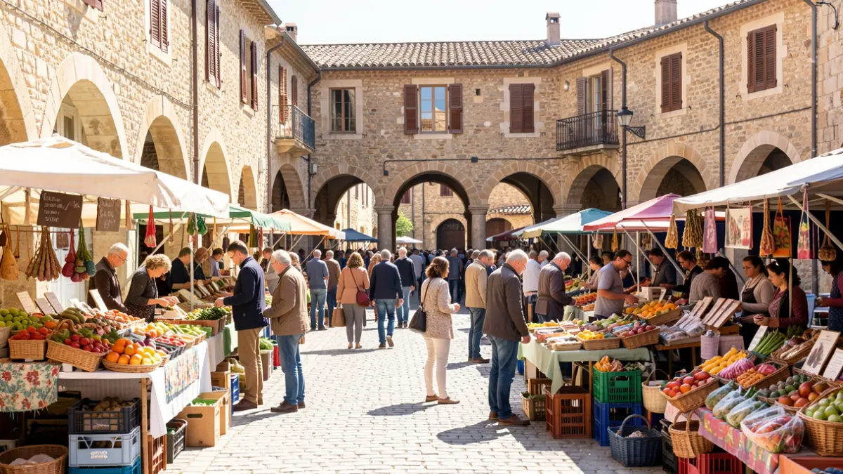 Sunny village market in Hérault with local produce stalls and residents.