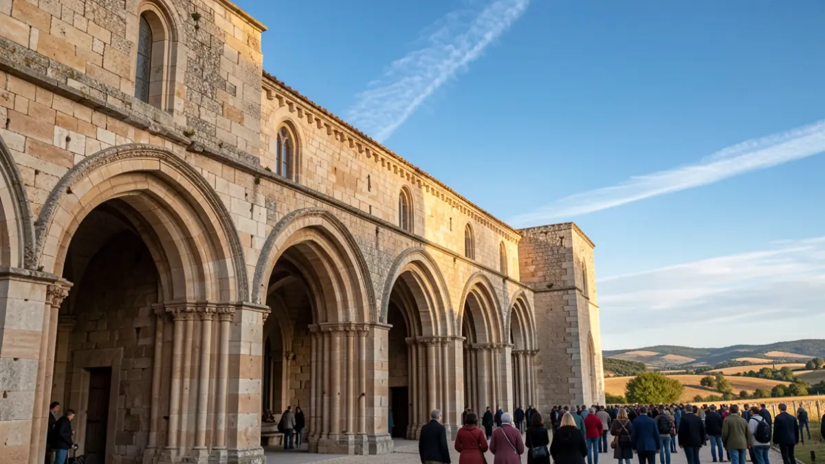 Generic image of an ancient stone abbey facade with arches and weathered walls, under a clear blue sky with southern light.