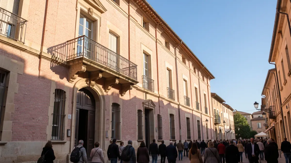 Generic image of the facade of a town hall in the South-West of France, with an ornate balcony and iron railings, under an afternoon sun.
