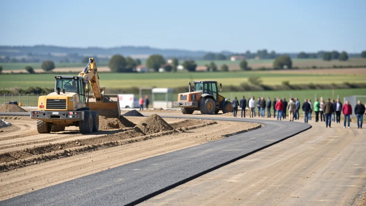 Chantier d'extension du parc d'activités de Lioujas avec engins de terrassement et matériaux de chaussée.