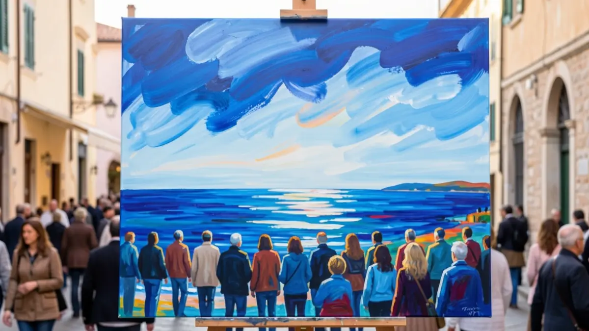Peinture abstraite aux dominantes bleues, évoquant le ciel et la mer Méditerranée, avec des touches de couleurs vives. Style mêlant abstrait et figuratif, suggérant la lumière et la paix intérieure.