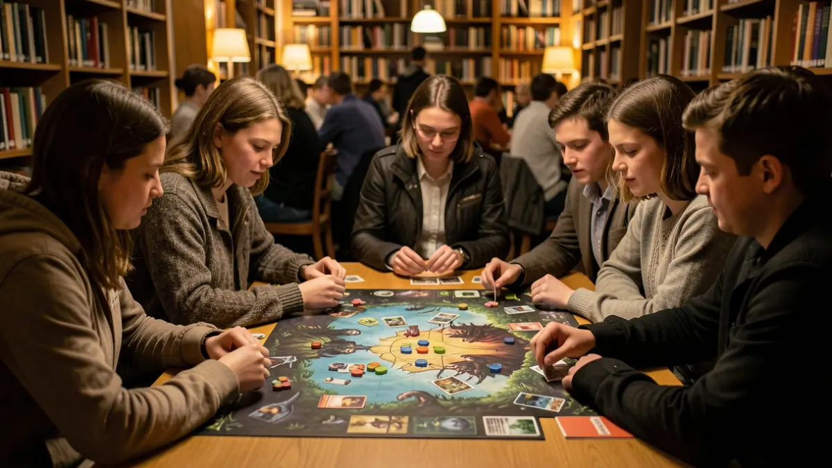 Students playing a werewolf-themed board game in a university library.
