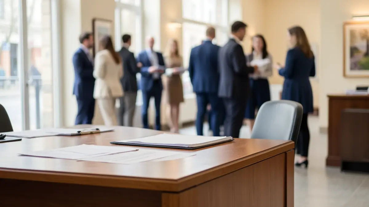 Image générique d'un bureau d'accueil dans une mairie, avec une table et une chaise dans une ambiance feutrée.