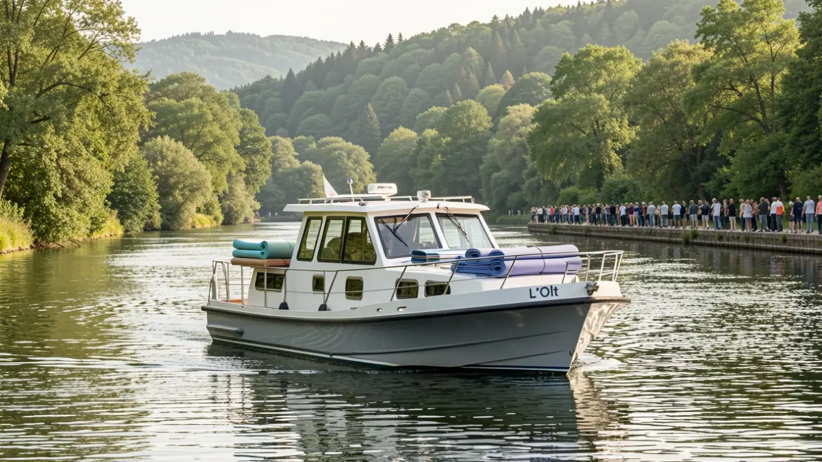 Generic image of an electric boat set up for Pilates on a peaceful river.
