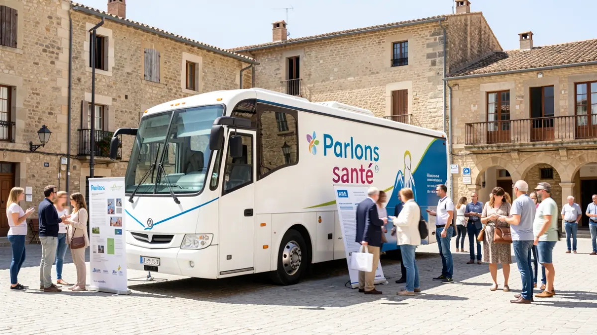 Bus de santé mobile 'Parlons santé' lors d'un forum de prévention à l'extérieur, avec des stands d'information et des personnes interagissant.