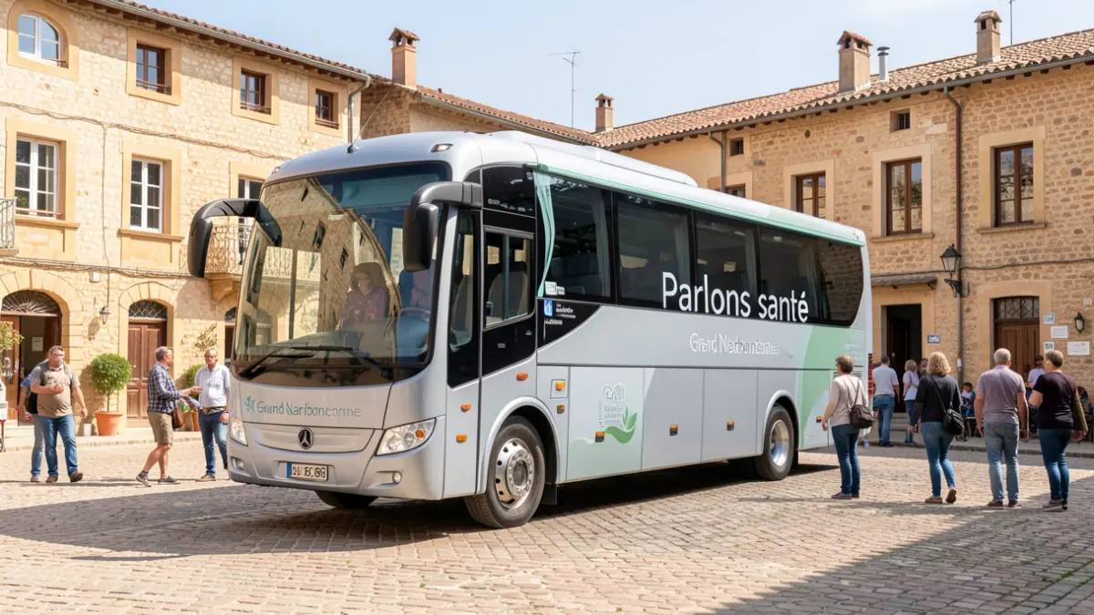 The Grand Narbonne 'Parlons santé' bus parked in a sunny village square, with residents around.