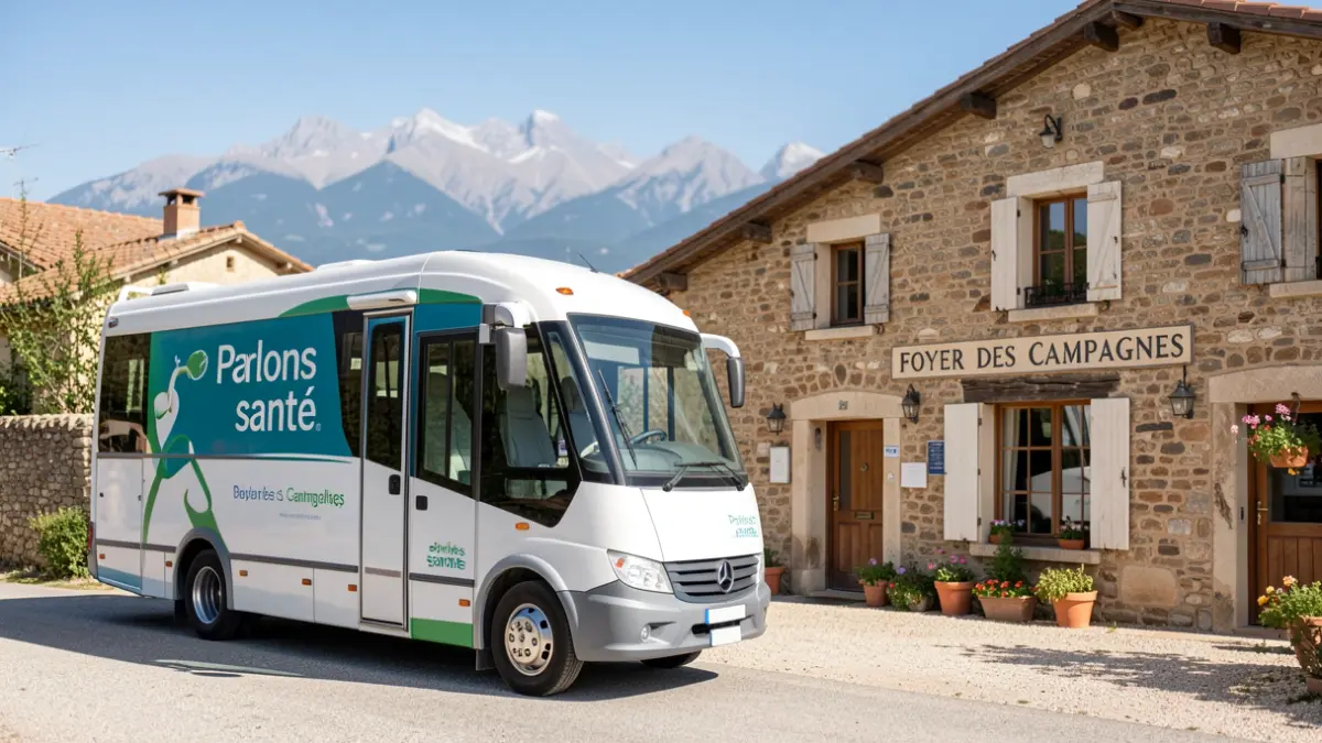 The 'Parlons santé' health bus parked in front of a rural community hall in a Southern French village, with the Pyrenees mountains in the background.