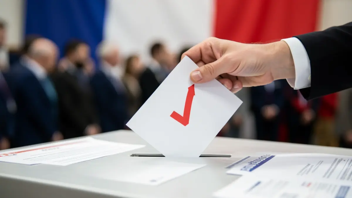 Image générique d'une main déposant un bulletin dans une urne, avec des documents flous en arrière-plan.
