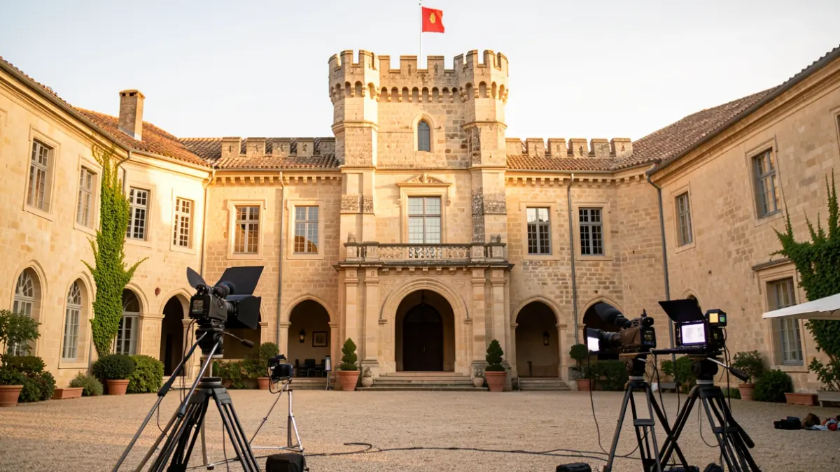 Generic image of a historic castle in the South of France with film equipment.