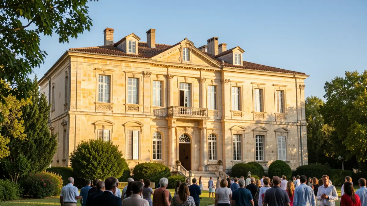 Facade of the Château Laurens in Agde, a historic building with Mediterranean architectural elements, bathed in warm southern sunlight.