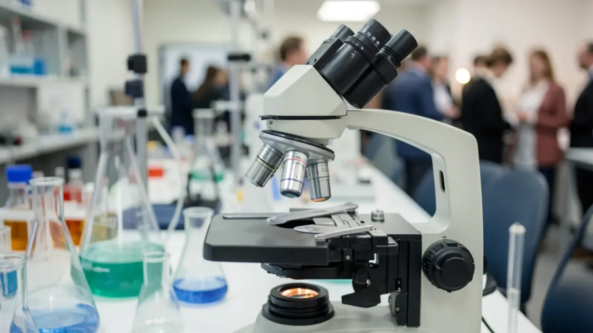 Generic image of a laboratory microscope with a blurred background of scientific equipment.