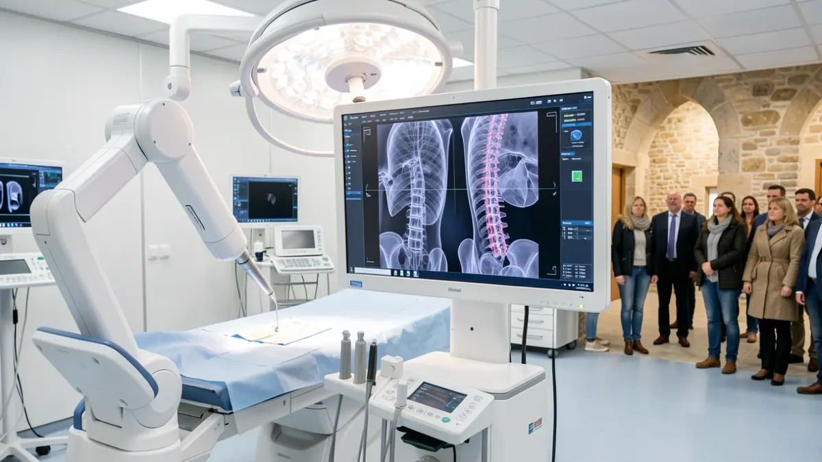 High-tech pediatric operating room with robotic 3D imaging equipment for spinal surgery.