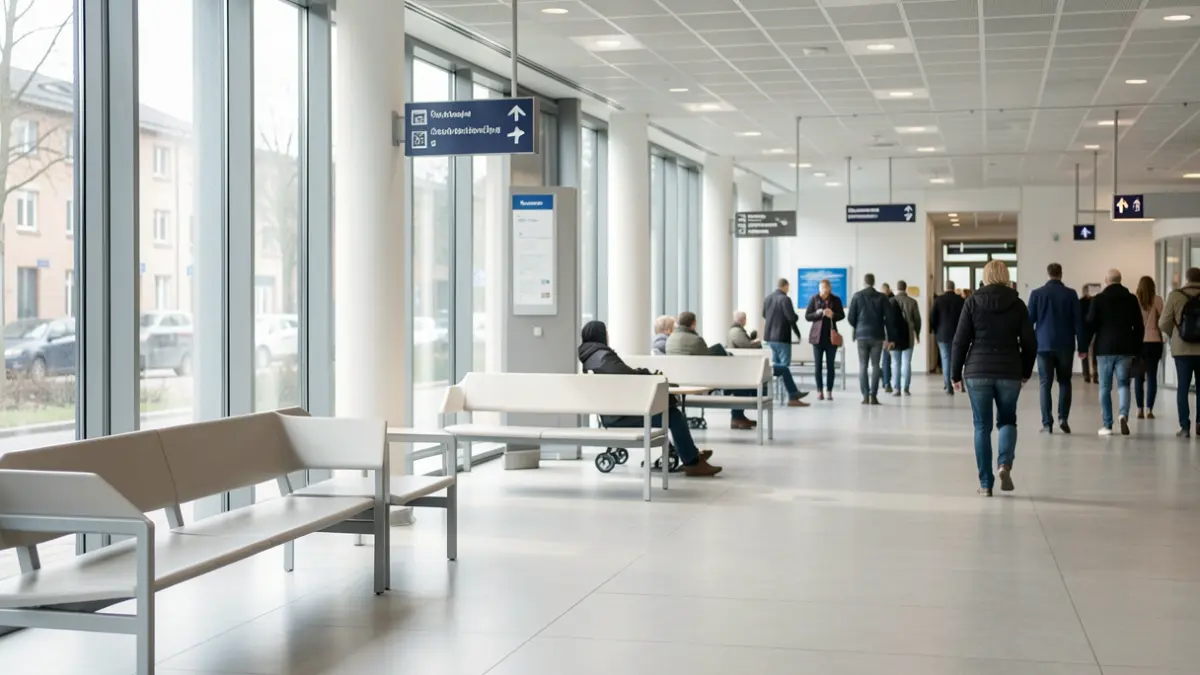Generic image of a waiting area in a public hospital, with seating and signage.
