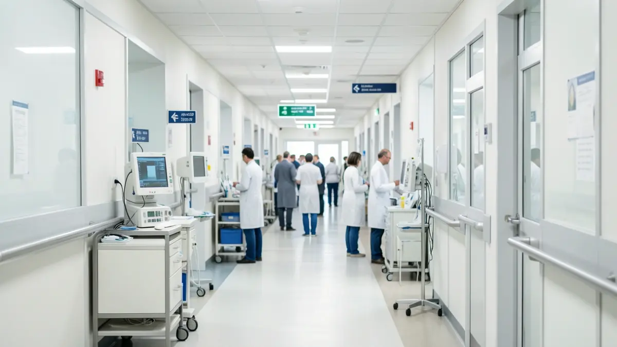 Generic image of a modern hospital corridor with medical equipment.
