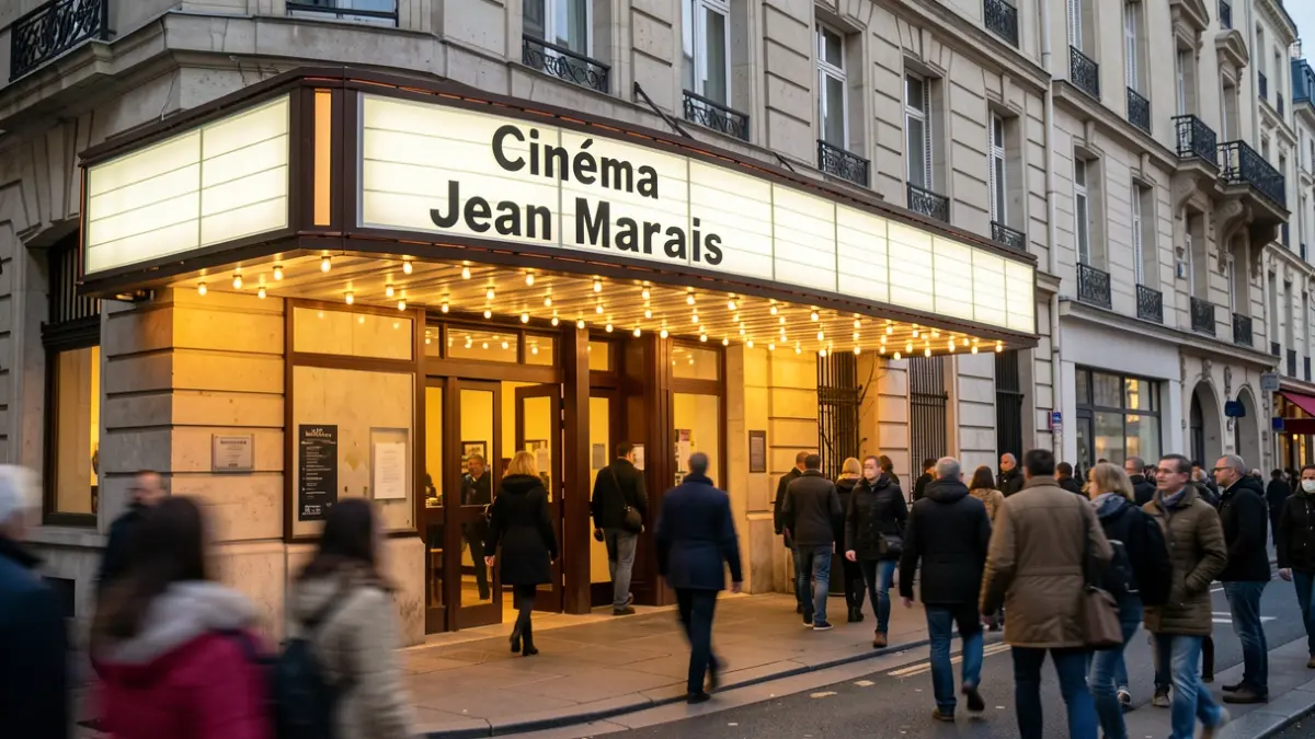 Generic image of a renovated cinema facade with warm evening lighting.