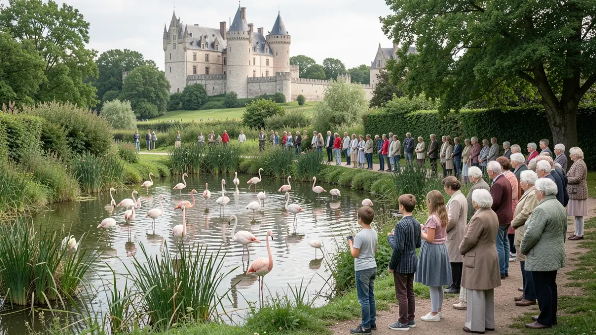 Image générique de jeunes et de seniors observant des flamants roses dans un étang naturel, avec un château en arrière-plan.