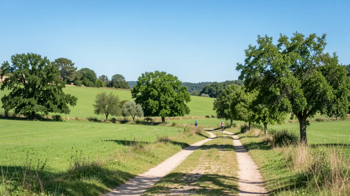 Generic image of a green natural space with a path, under a blue sky.