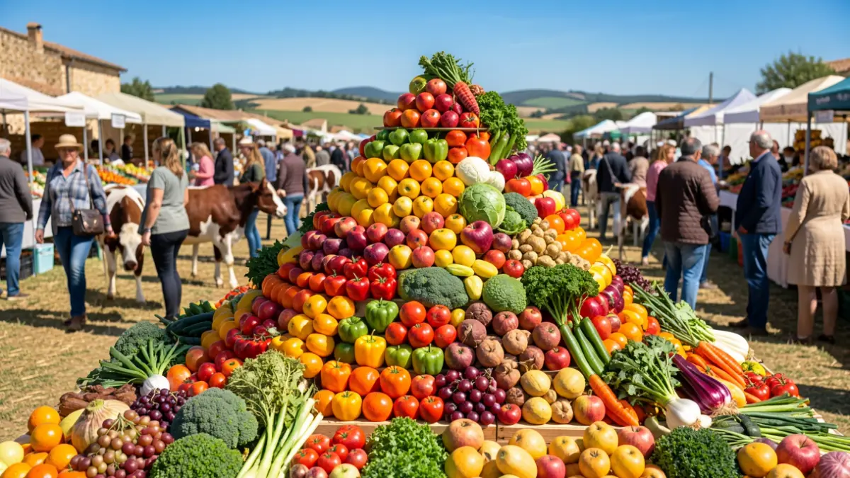 Image générique d'une pyramide de fruits et légumes colorés lors d'une foire agricole.
