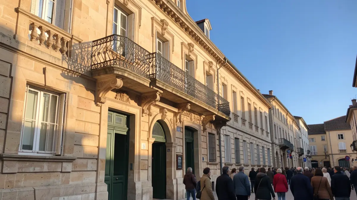 Stone facade of an Occitanie town hall with ornate balcony and iron railings, warm afternoon sunlight casting shadows on the sandstone walls, blue sky.