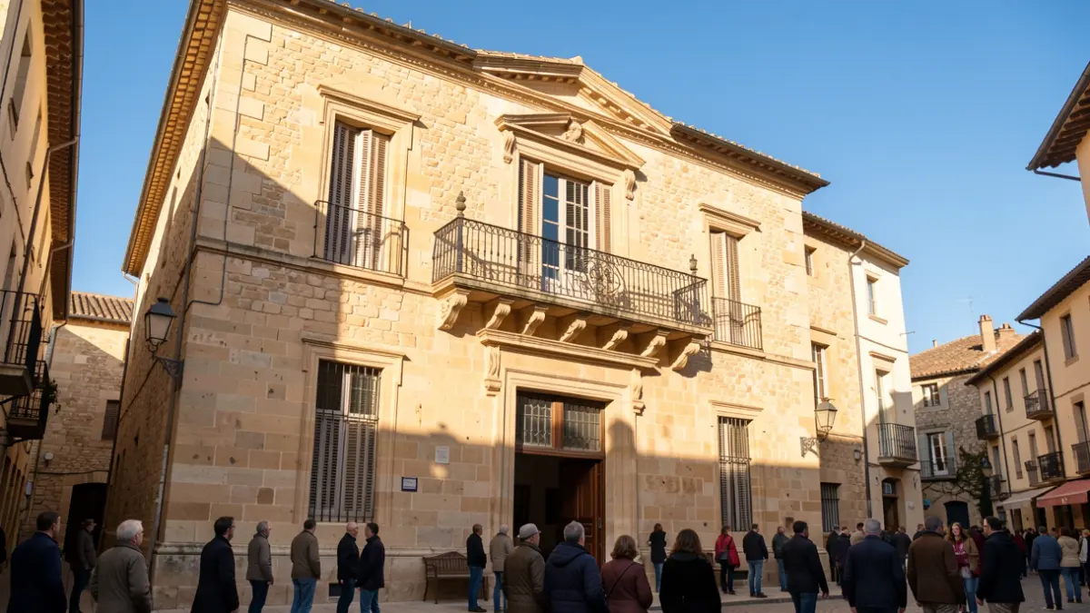 Generic image of a stone town hall facade in the South-West, with an ornate balcony and blue sky.