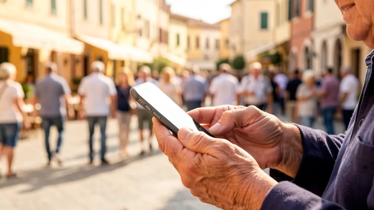 Close-up of a senior person's hands holding a phone, with a blurred background of a sunny Mediterranean town square, warm lighting, shallow depth of field. Focus on the act of connection.