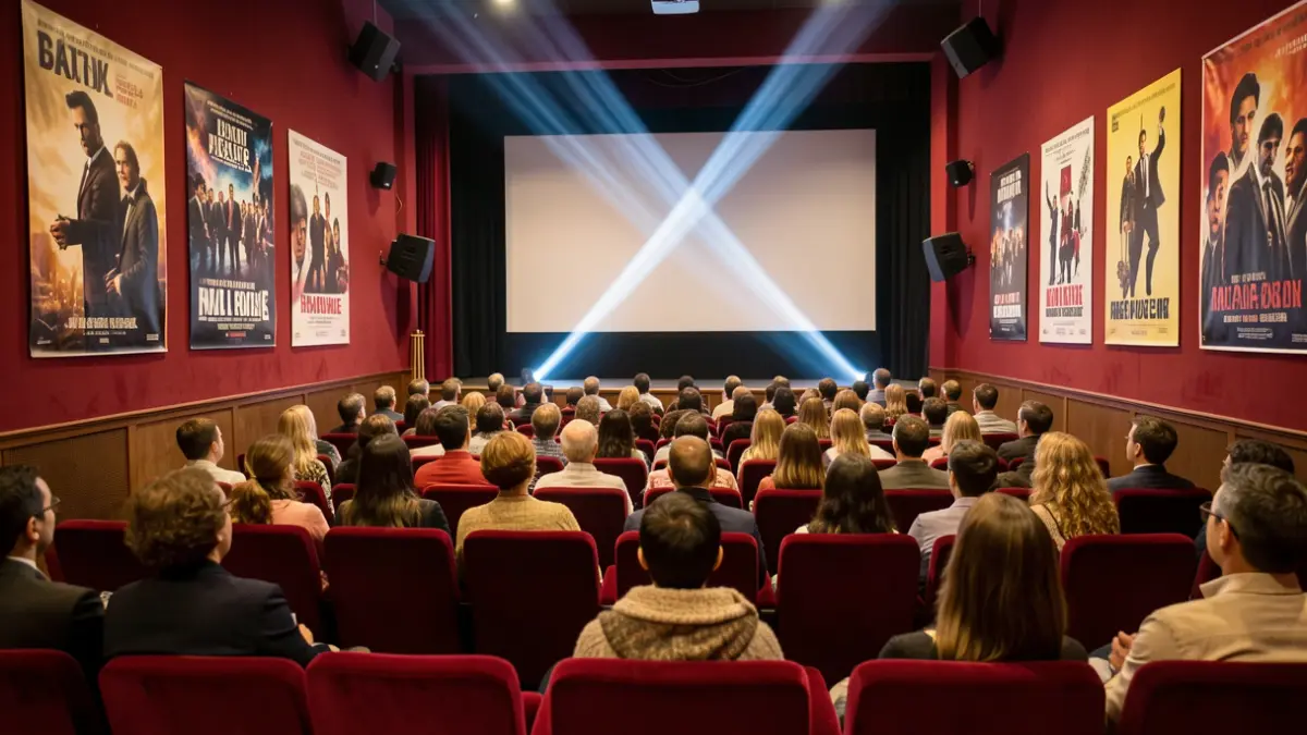 Image générique d'une salle de cinéma avec des sièges rouges et un faisceau de lumière.