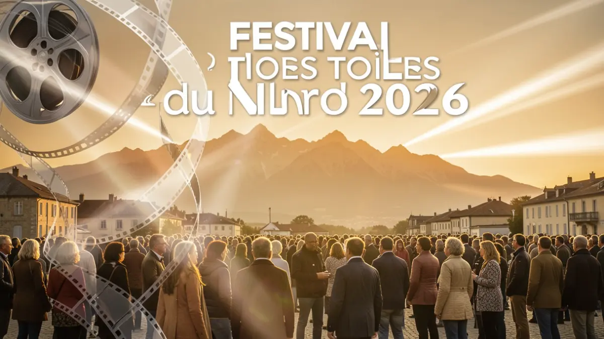 Poster for the 'Festival des Toiles du Nord 2026' film festival, featuring abstract cinematic elements and a mountainous background.