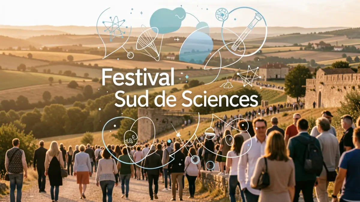 Generic image of a science festival poster with abstract graphic elements and the festival name, in a documentary photography style.