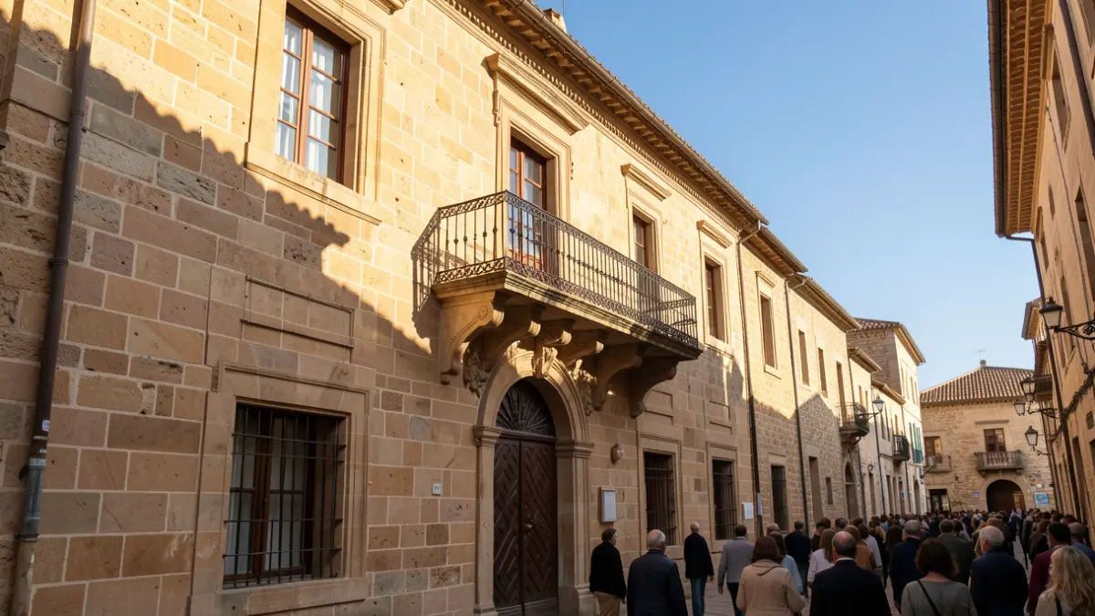Generic image of a stone town hall facade in the South-West of France, with an ornate balcony and a blue sky.