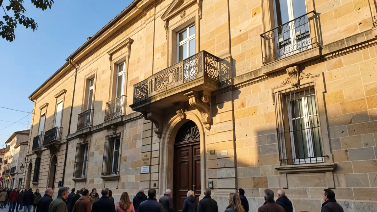 Image générique de la façade en pierre d'un hôtel de ville d'Occitanie avec balcon orné et balustrade en fer forgé, soleil d'après-midi chaud projetant des ombres sur les murs en grès, ciel bleu, style photographie documentaire.