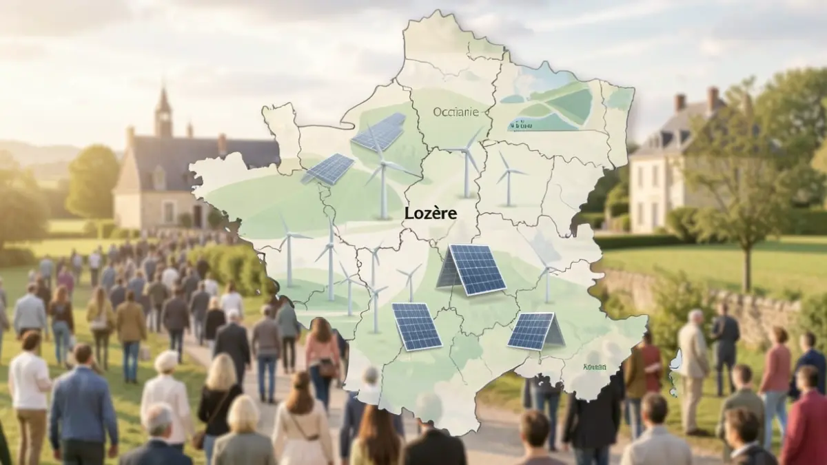 Generic image of the Occitanie region highlighting the Lozère department, with elements symbolizing energy transition.