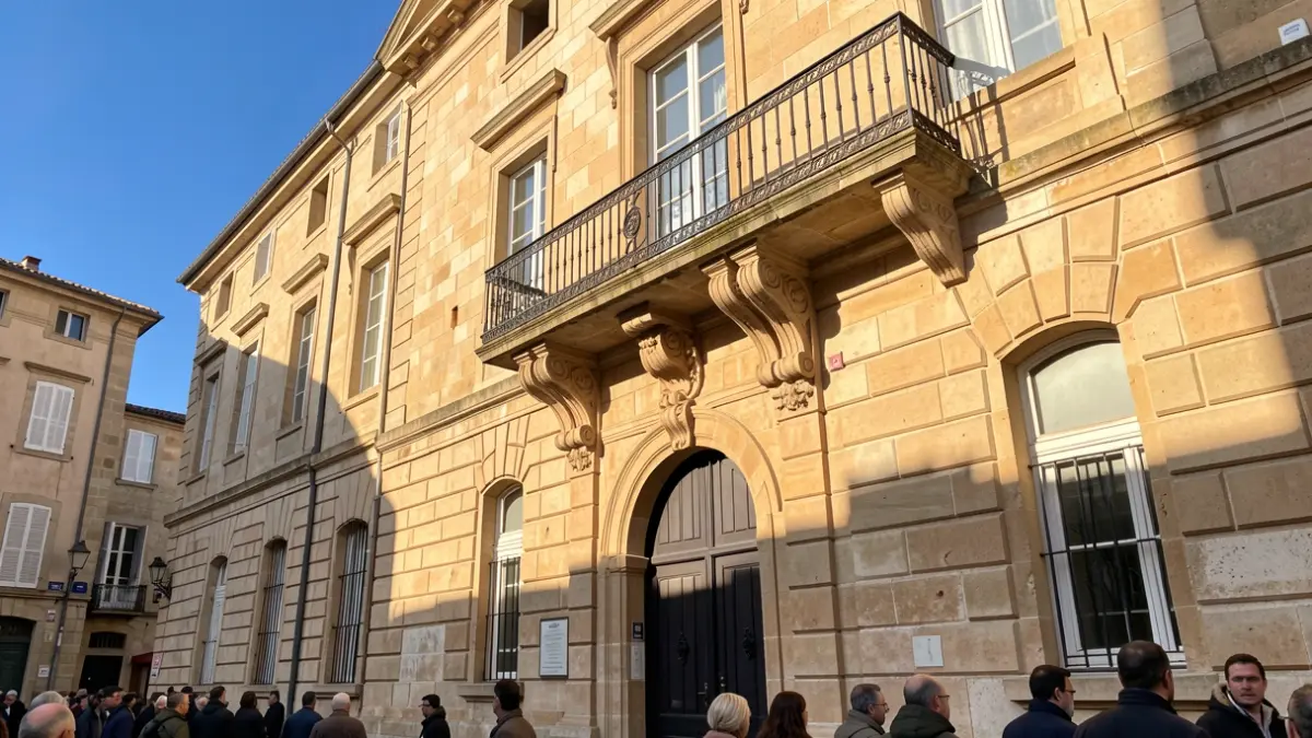 Generic image of a stone facade of an Occitanie town hall with an ornate balcony and iron railings, bathed in warm afternoon sunlight.