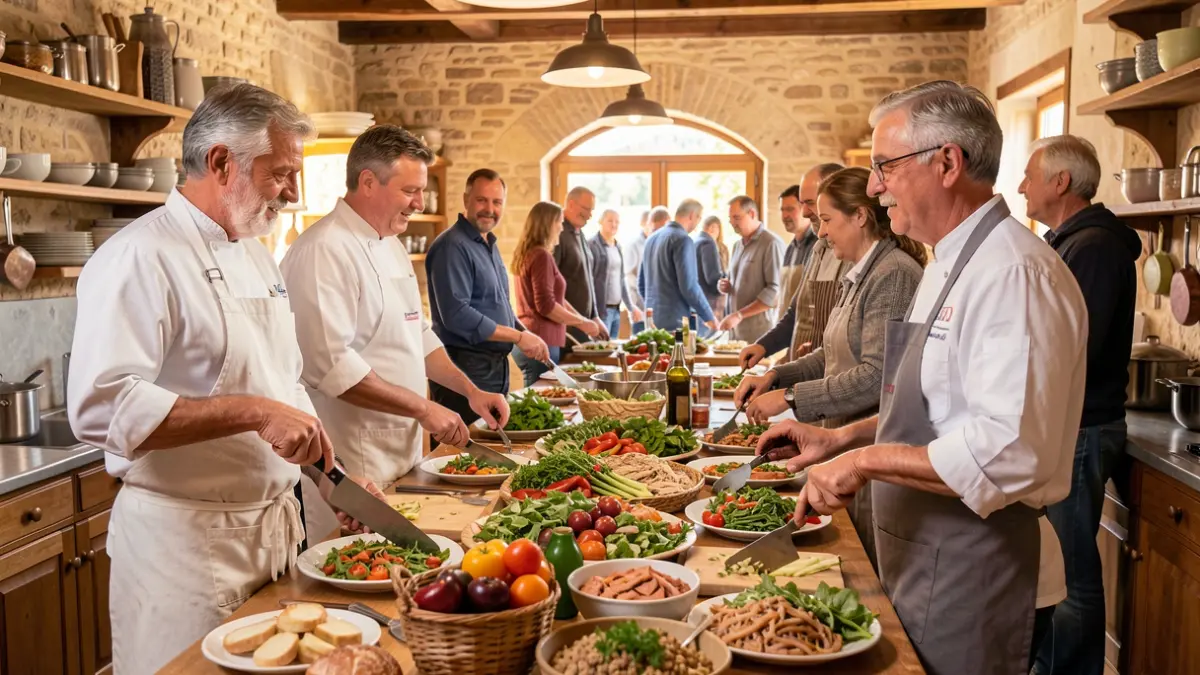 Image of a communal kitchen in Occitanie, with chefs preparing a large meal using local products.