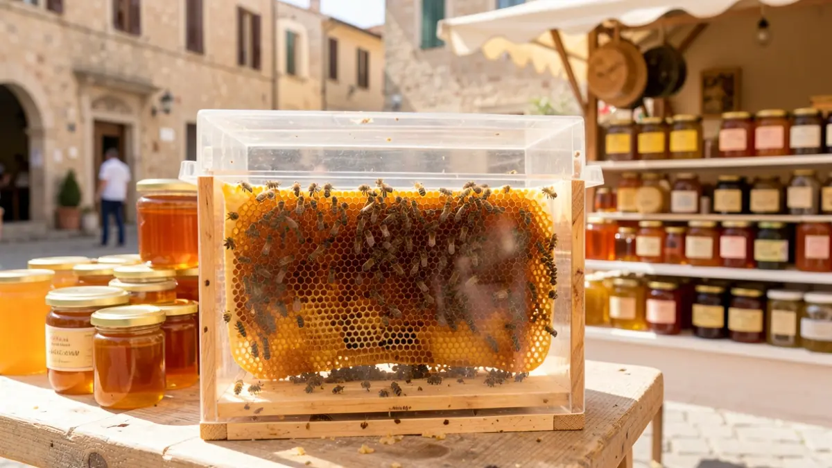 Generic image of a honey festival with a transparent beehive and honey products on display.