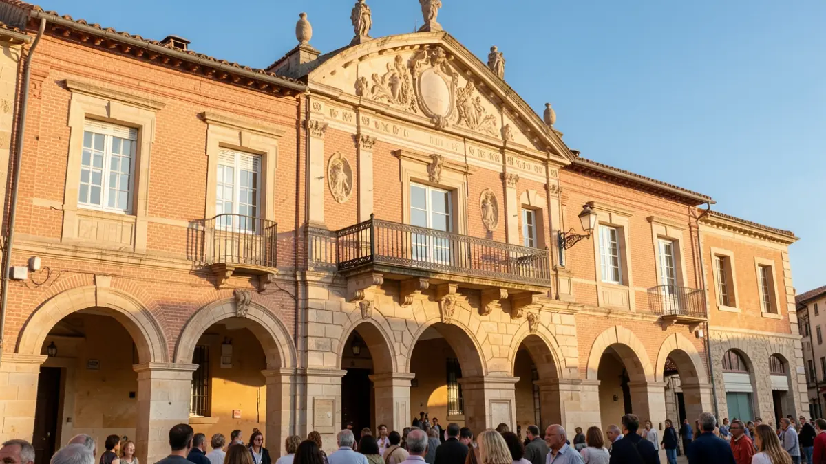 Generic image of a Mediterranean town hall facade with a balcony and ornate details, bathed in warm afternoon sunlight with a clear blue sky. The architecture features rose-colored bricks and stone arches, typical of the Occitanie region. No people or text visible.