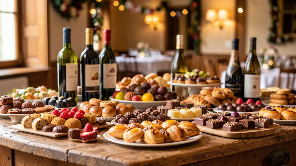 Generic image of chocolates, pastries, and wine bottles displayed on a table.