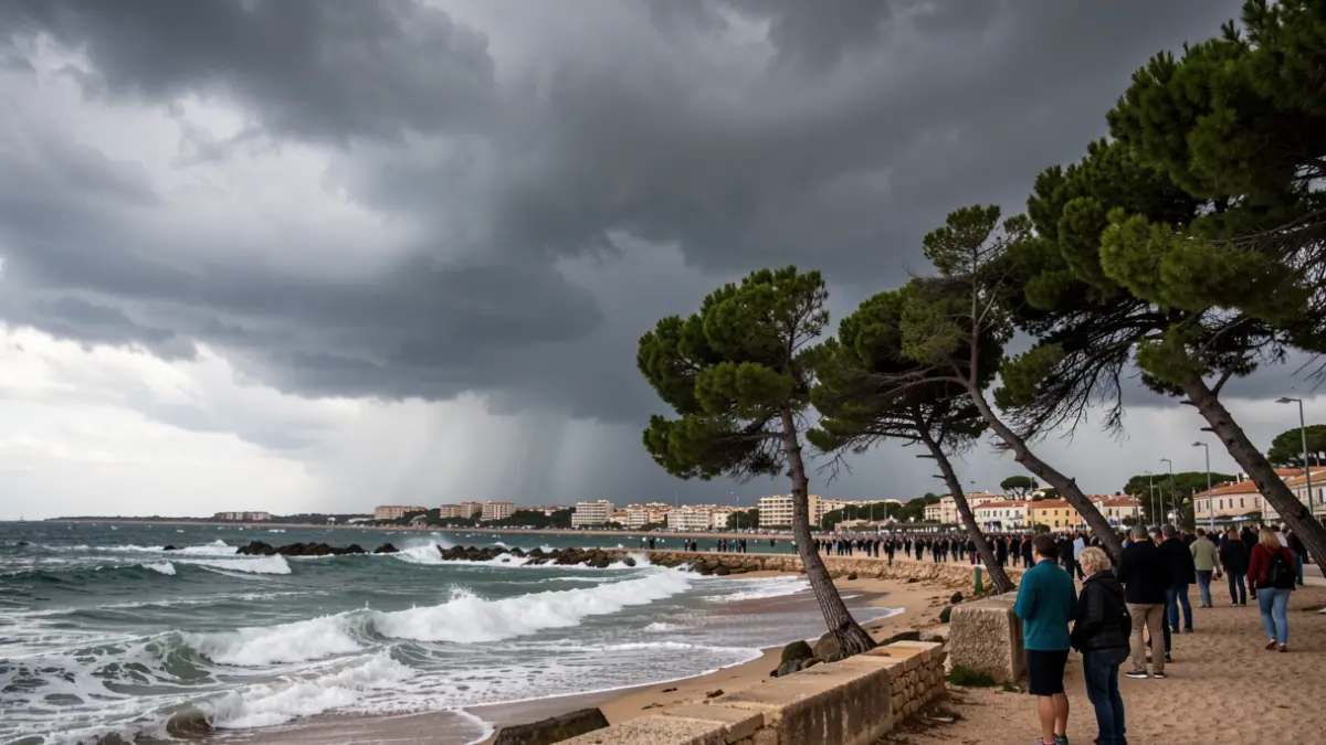 Stormy sky over the coast of Le Grau-du-Roi, strong winds, crashing waves.