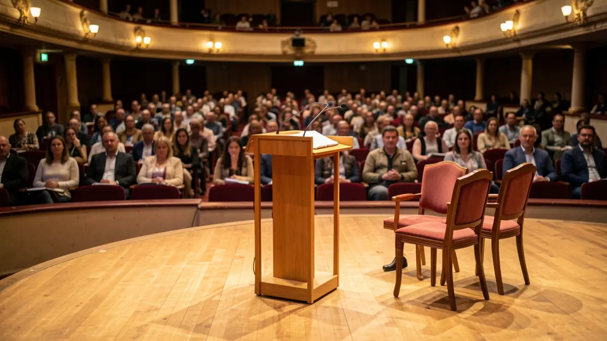 Generic image of a public meeting in a theatre.