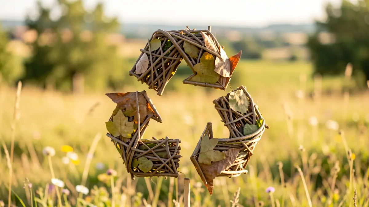 Image générique d'un symbole de recyclage fait de matériaux naturels dans un paysage rural ensoleillé.