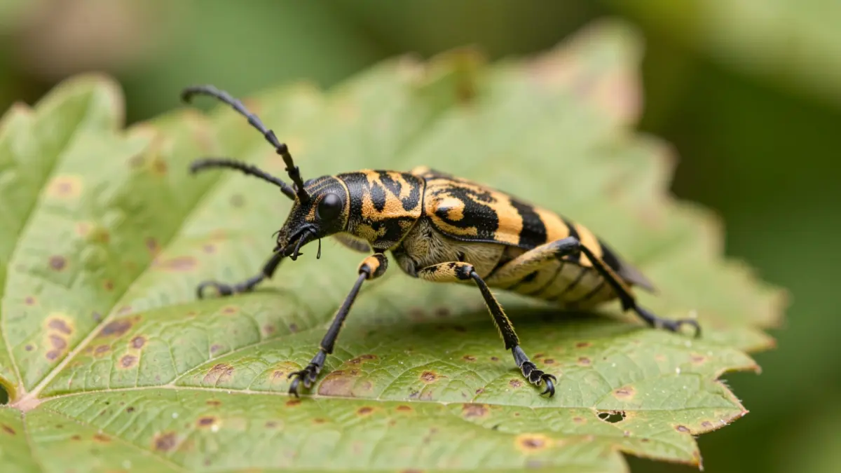 Close-up of a tiger longhorn beetle on a mulberry leaf.