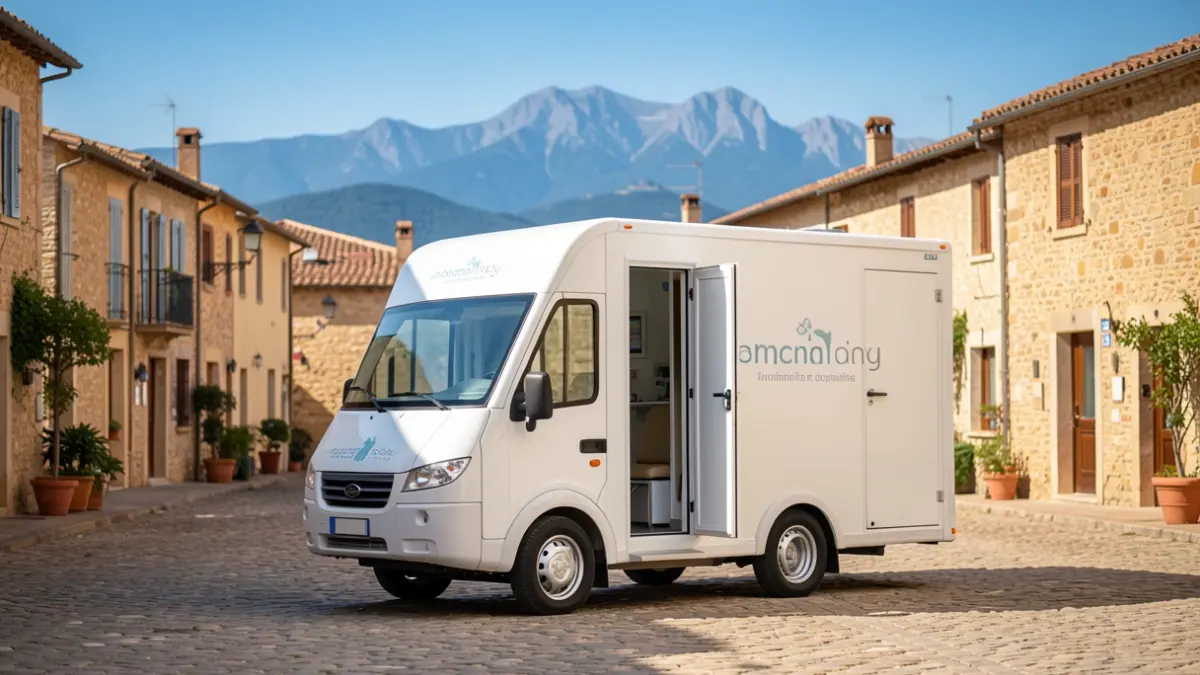 A Mammobile parked in a picturesque village square in Occitanie, with the Pyrenees in the background.