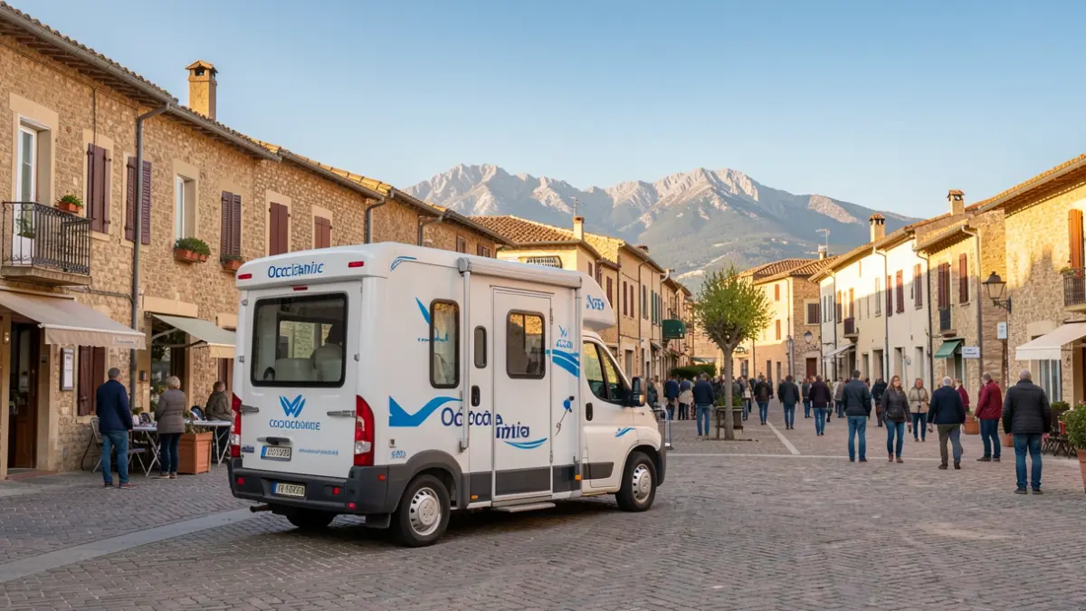 Mobile mammography unit parked in a village square in Occitanie, with the Pyrenees in the distance under a blue sky.
