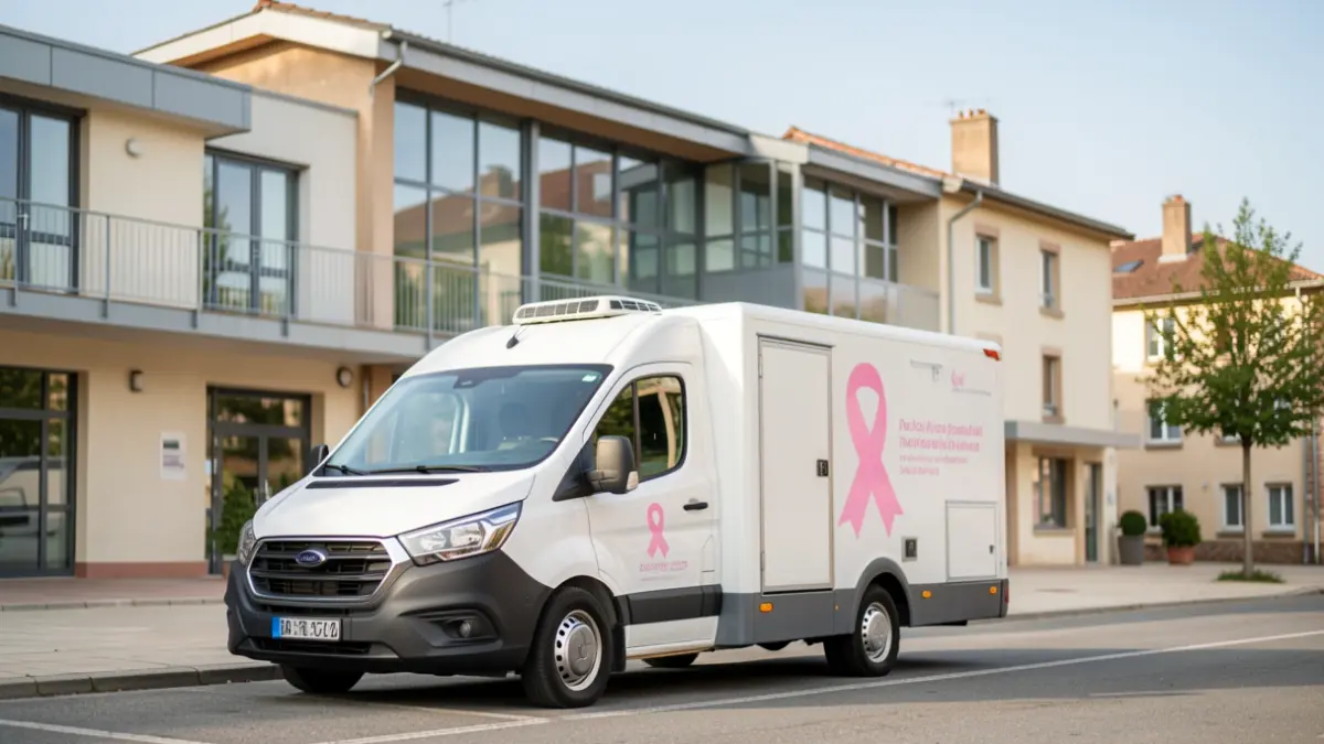 Un camion de dépistage du cancer du sein stationné devant un centre communautaire.