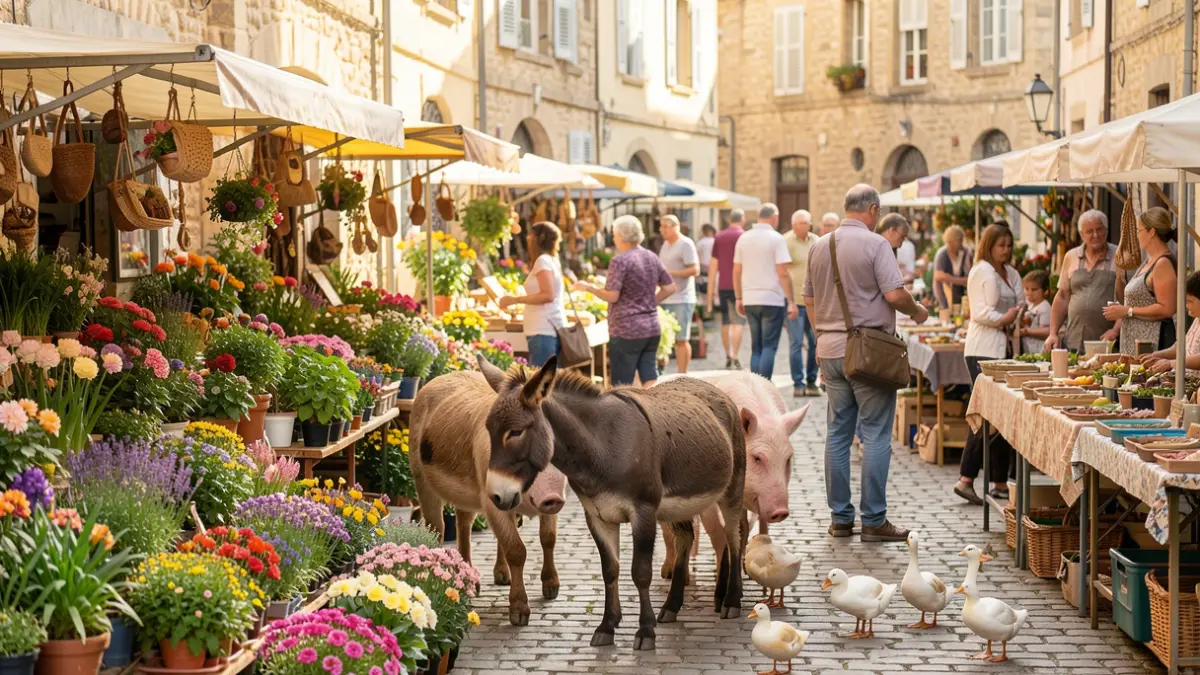 Generic image of a plant and animal market in a southern French town on a sunny day.