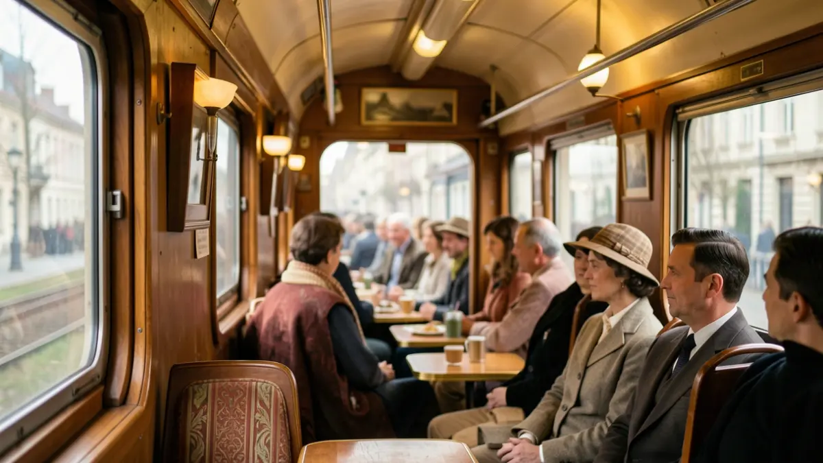 Interior of a vintage train with a retro 1950s-70s atmosphere, warm lighting.